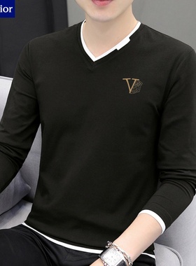 时尚V领缺口长袖T恤男2025春秋新款纯棉高品质简约印花百搭打底衫