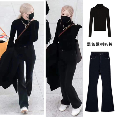 Rose朴彩英同款黑色微喇牛仔裤女高腰秋冬2025新款加绒显瘦喇叭裤