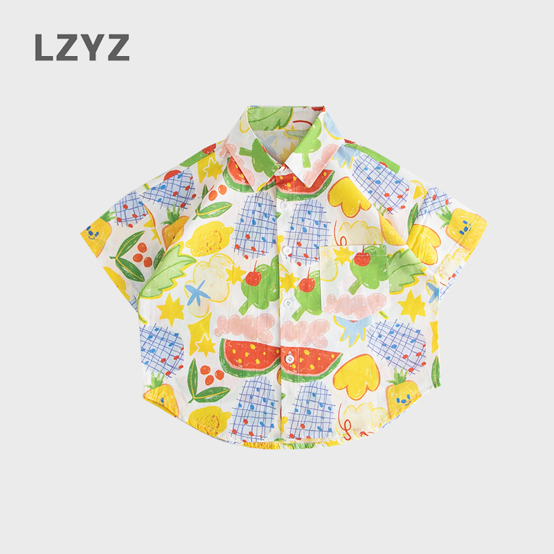 LZYZ童裝兒童襯衫男童短袖花襯衣中小童洋氣寬松純棉上衣寬松夏裝