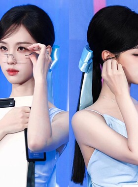 陈都灵同款蓝色蝴蝶结头饰长飘带百搭发饰后脑勺发卡气质少女发夹