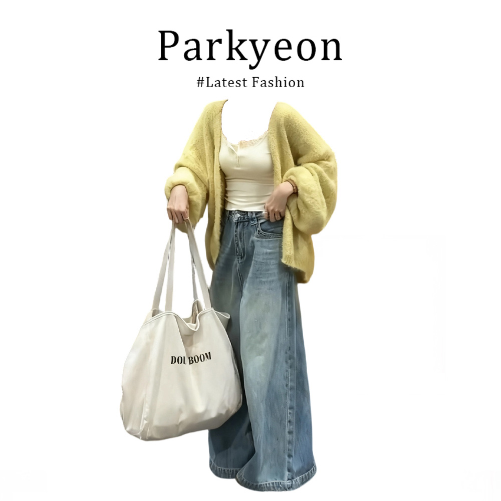 parkyeon巨好看奶呼呼绿色灯笼袖毛衣外套内搭背心牛仔裤三件套女