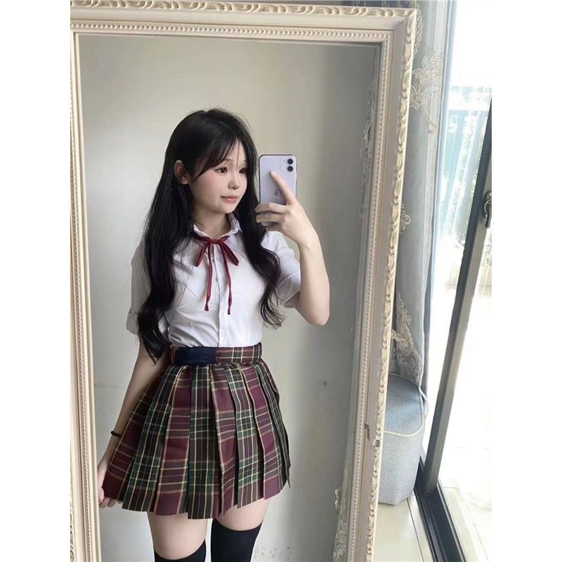 原创jk格裙正版直袖收腰衬衫套装学院风制服白衬衫辣妹穿搭日系