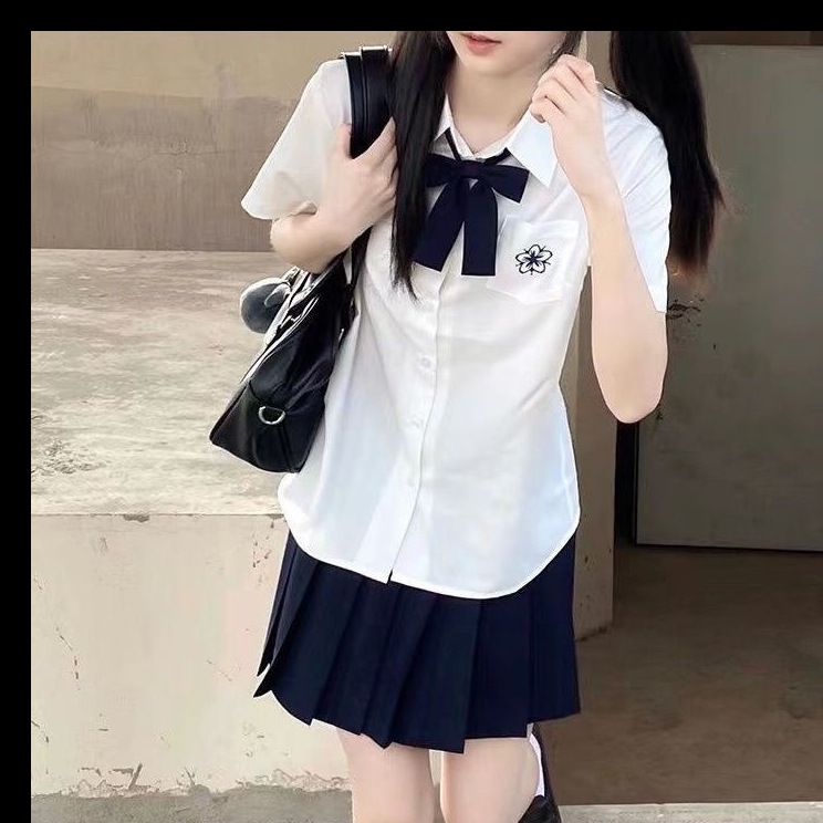 夏季新款JK制服套装短袖衬衫女学院风甜美百搭刺绣衬衣上衣百褶裙