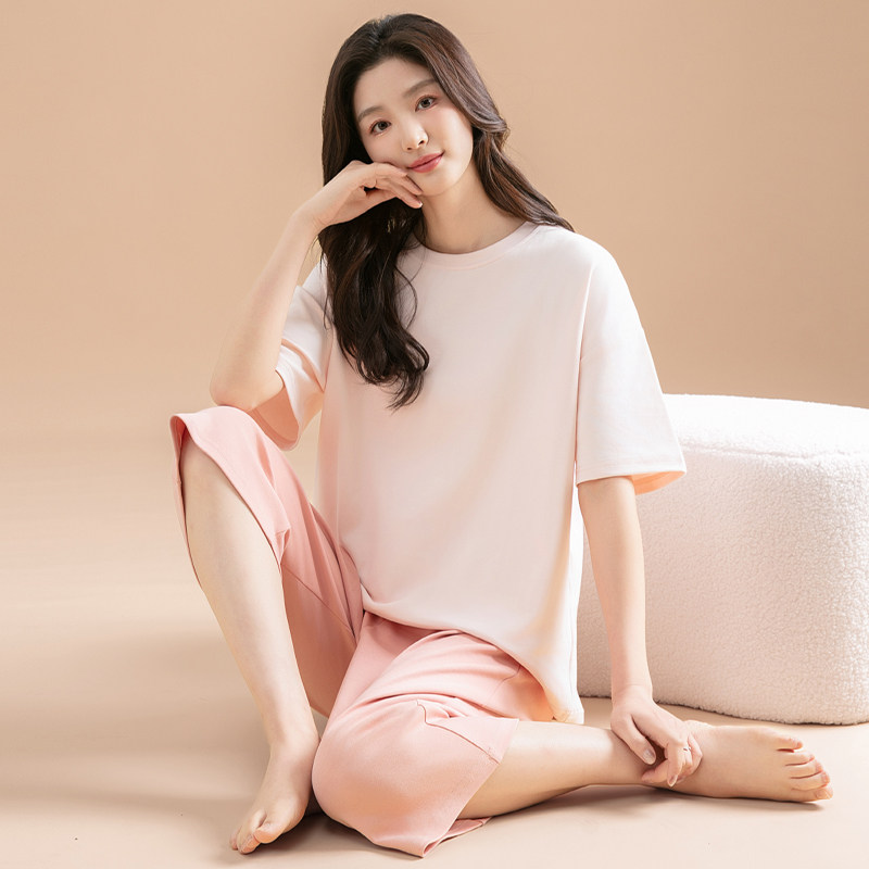 浪莎睡衣女夏季纯棉短袖七分裤宽松可外穿纯色休闲全棉家居服套装