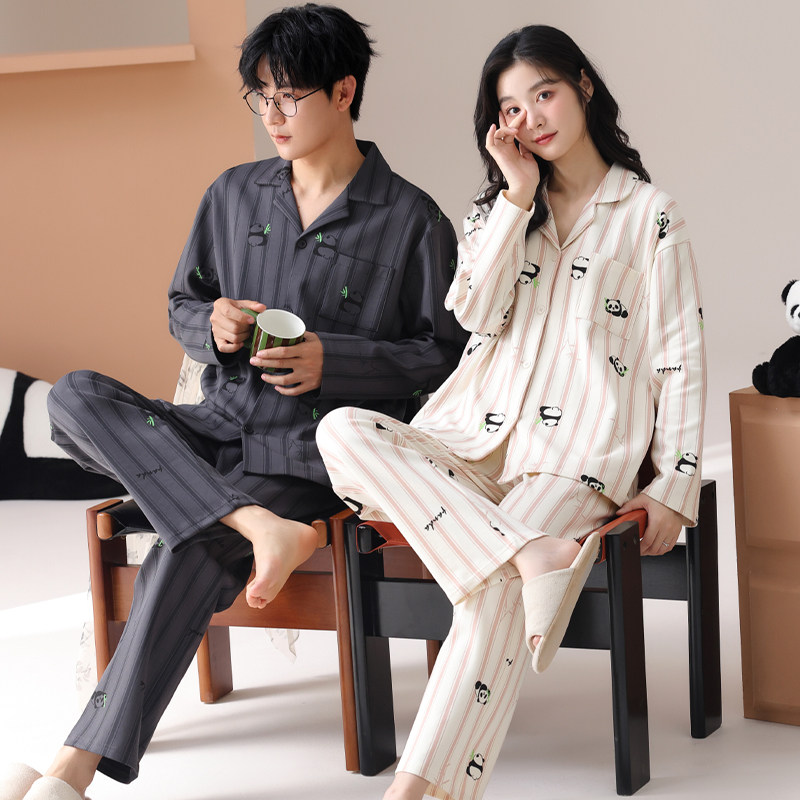 浪莎纯棉情侣睡衣女款春秋季长袖开衫可爱卡通全棉男士家居服套装
