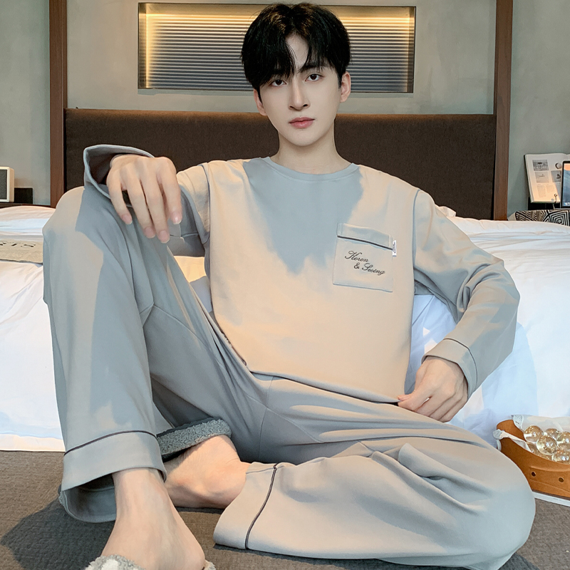 浪莎睡衣男士春秋季纯棉长袖大码可外穿青少年休闲圆领家居服套装