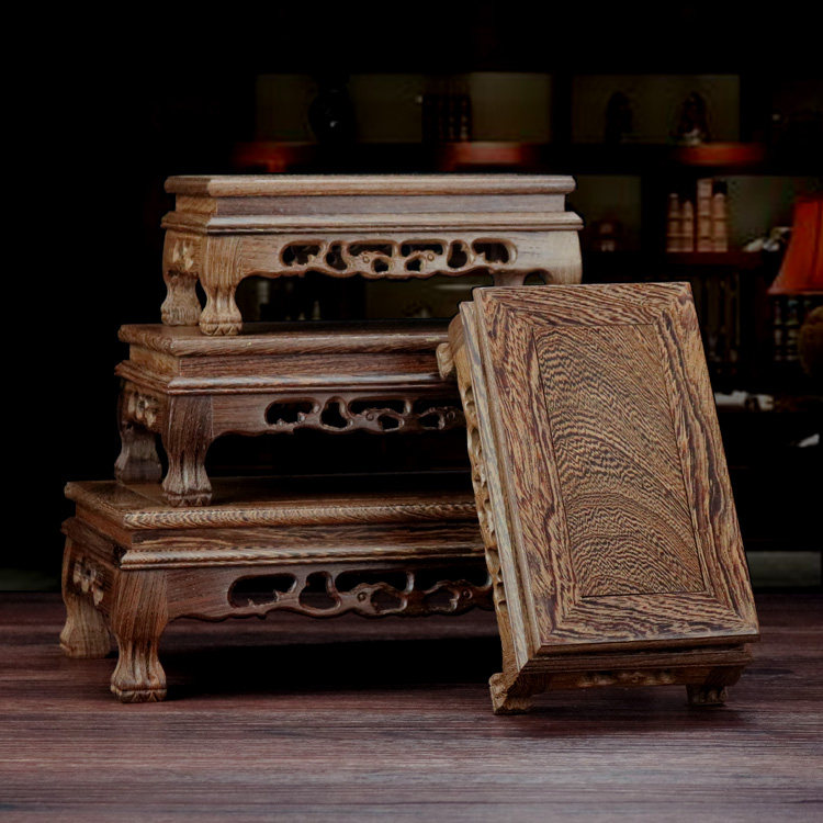 红木鸡翅木雕花实木底座花瓶花盆佛像奇石工艺品摆件长方正方托架