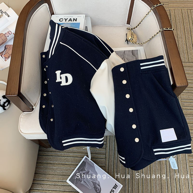 [ORIGINAL NICHE] PREPPY SUIT WOMENS WINTER 2024 NEW AGE REDUCTION THICKENED BASEBALL UNIFORM SHORT SKIRT TWO-PIECE SET