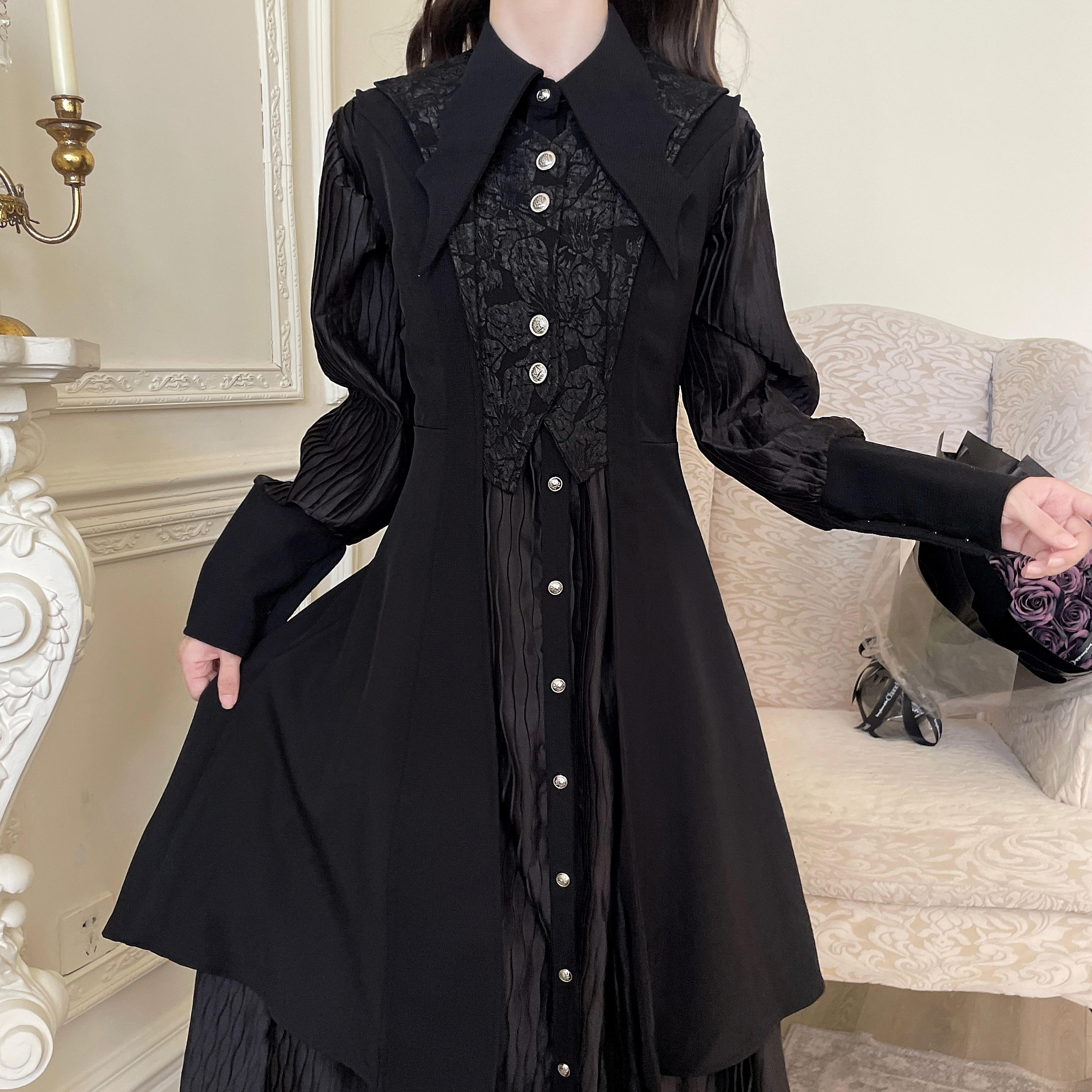 哥特风Lolita压褶长款衬衫连衣裙+气质马甲风衣暗黑万圣节女春秋