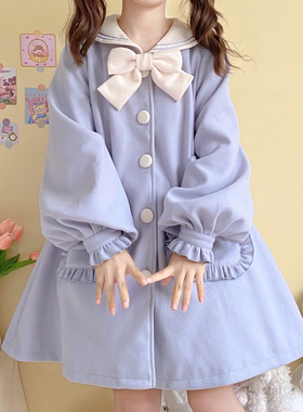 原创甜美日系秋冬季毛呢外套洛丽塔海军领软妹可爱长袖大衣风衣女