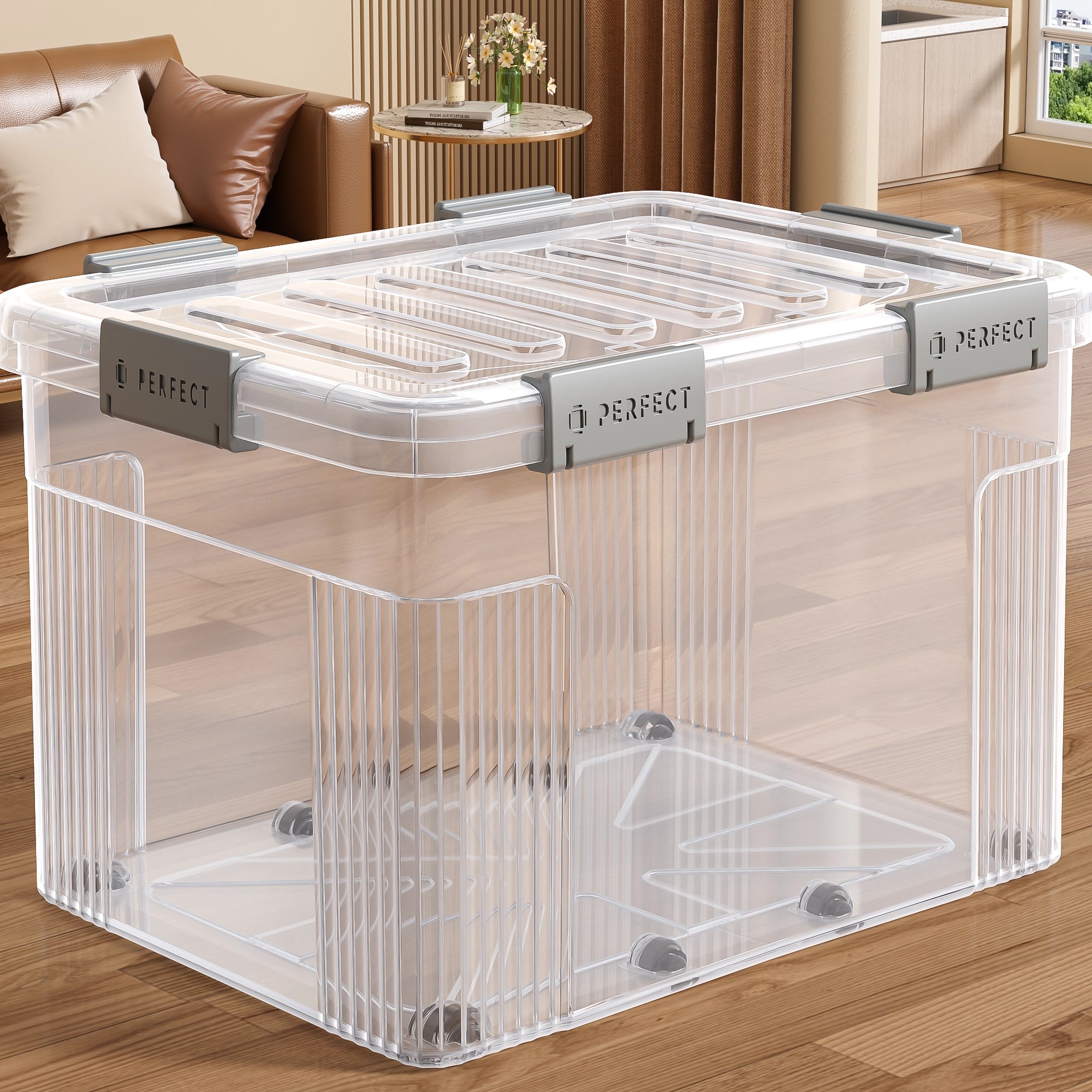 加厚收纳箱透明大容量装衣服被子零食玩具储物箱带盖带滑轮整理箱