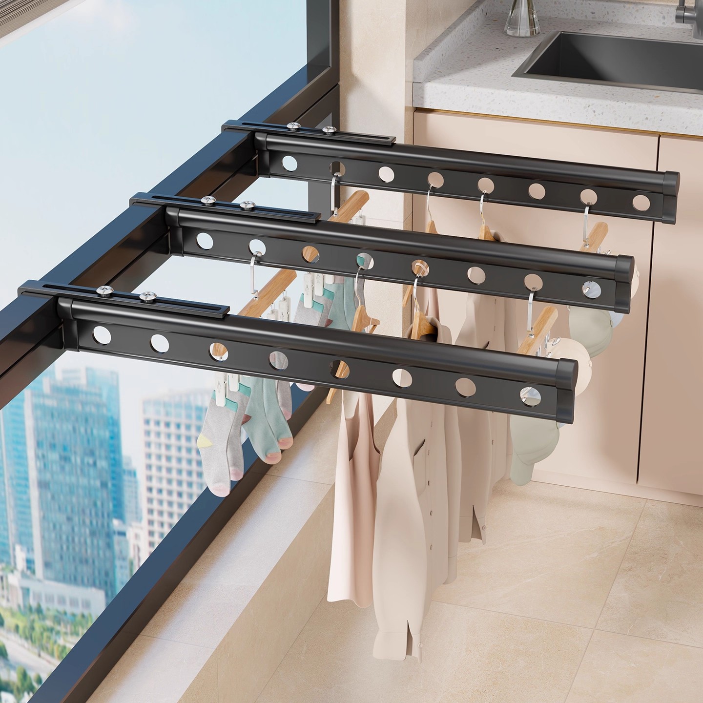 护栏衣架阳台晾衣神器防盗窗户晾晒网窗外凉晒衣杆简易宿舍挂衣架