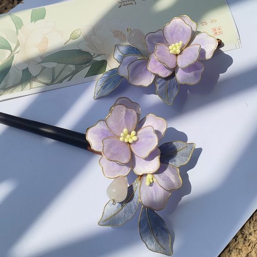 掐丝绒花发簪发夹成品淡紫色发簪汉服旗袍配饰日常挽发簪子