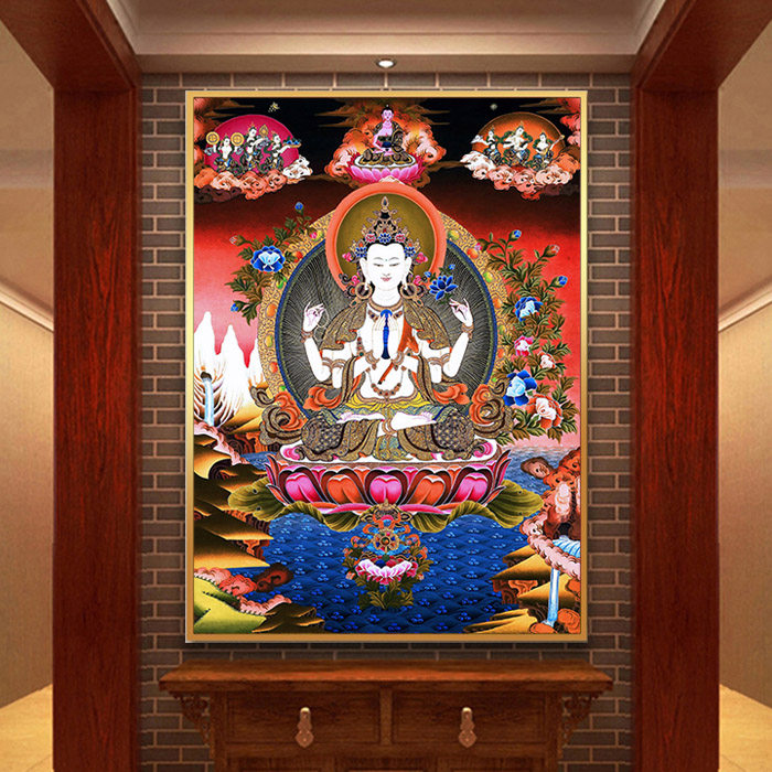 唐卡四臂观音菩萨画像合集金色挂画铝合金实木相框