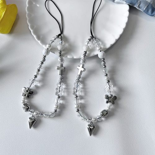 ins风电镀银爱心蝴蝶结串珠手机链ccd相机挂绳挂链通用所有手定制