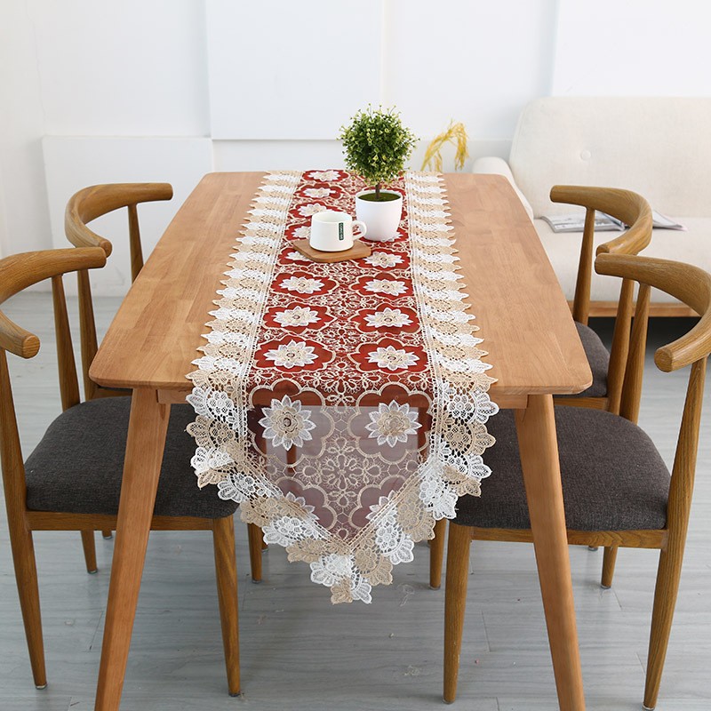 新款田园刺绣花卉蕾丝布艺餐桌旗乡村热销茶几巾尖角餐垫定制