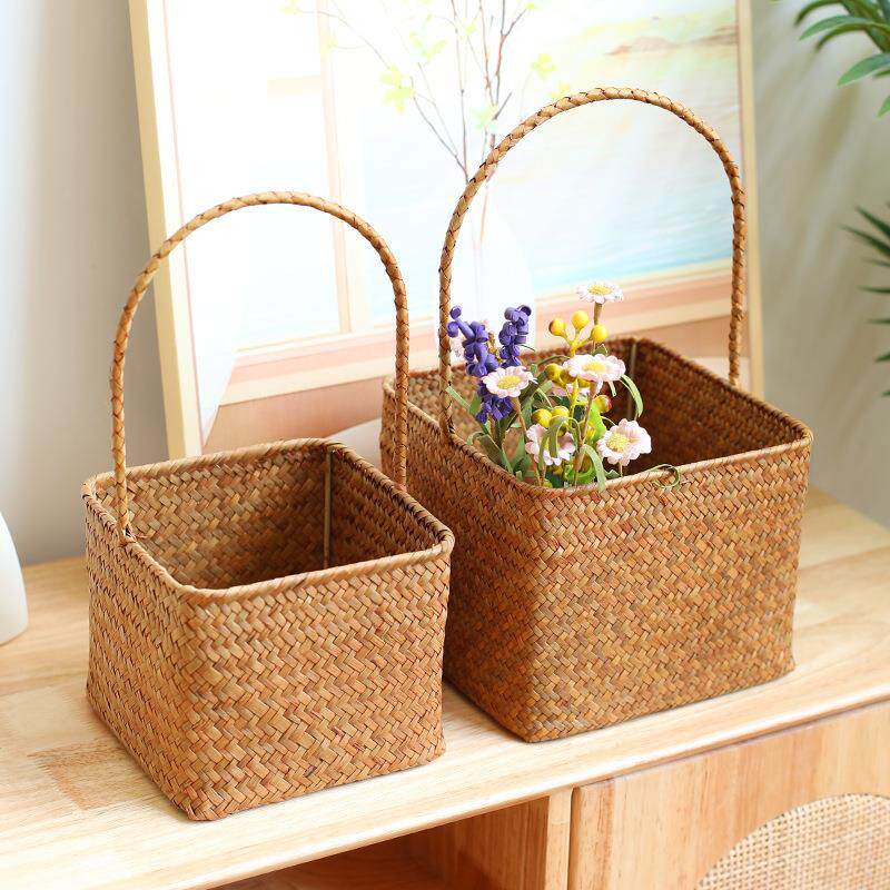 海草编织提手伴手礼篮子 多肉植物摆设装饰西式婚庆花篮提篮