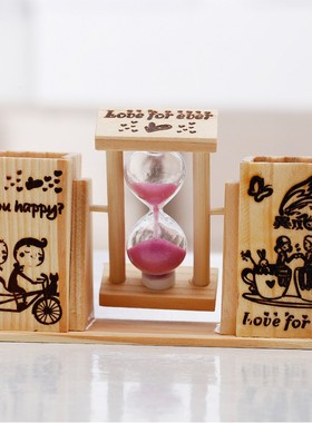 B616带沙漏双笔筒摆件 计时器 创意桌面木质摆饰 学生办公文定制
