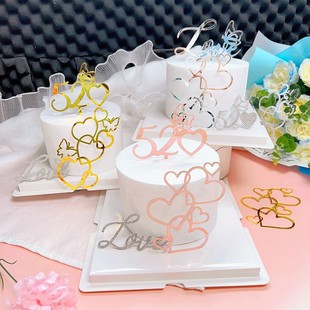 520情人节大小镂空爱心亚克力蛋糕装 饰ins风蝴蝶烘焙节日插件定制