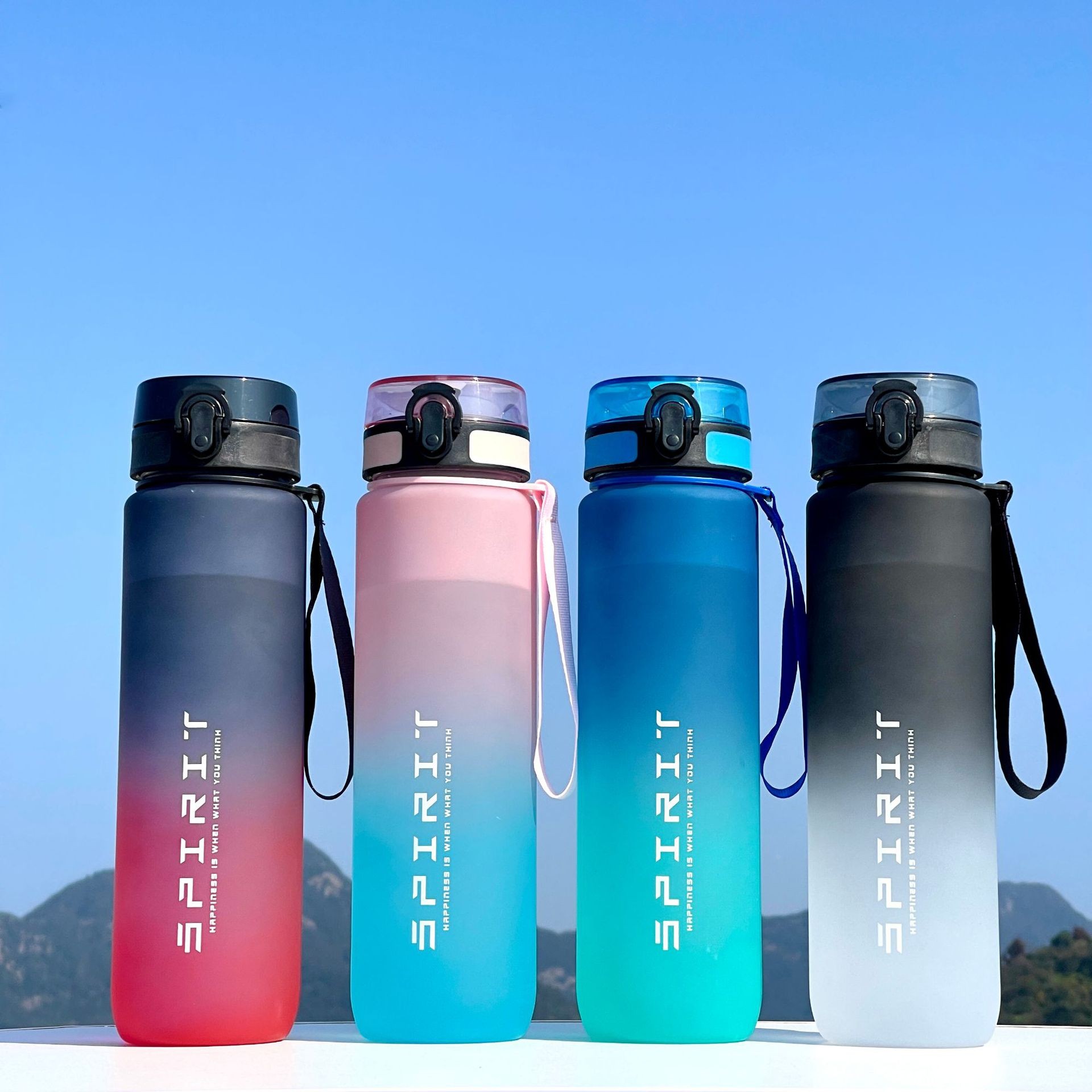 渐变运动水杯大容量1L防漏便携塑料杯带刻度户外运动健身太空定制