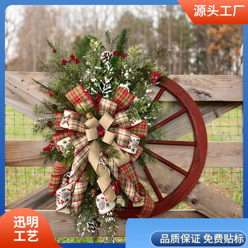 现货迅明爆款圣诞节装饰门挂木质轮盘车轮花环圣诞节花环定制