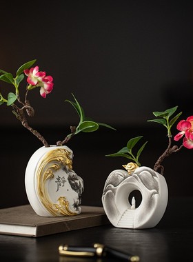 中式禅意陶瓷小花瓶摆件中华花道花艺插花罐子家居玄关酒柜装定制
