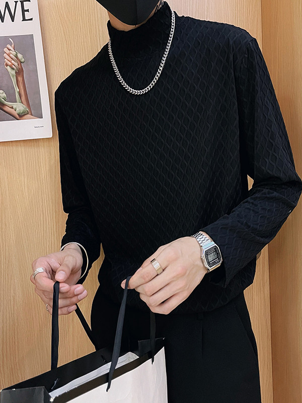 潮牌高级感t恤男春秋季休闲百搭修身半高领小众ins长袖时尚打底衫