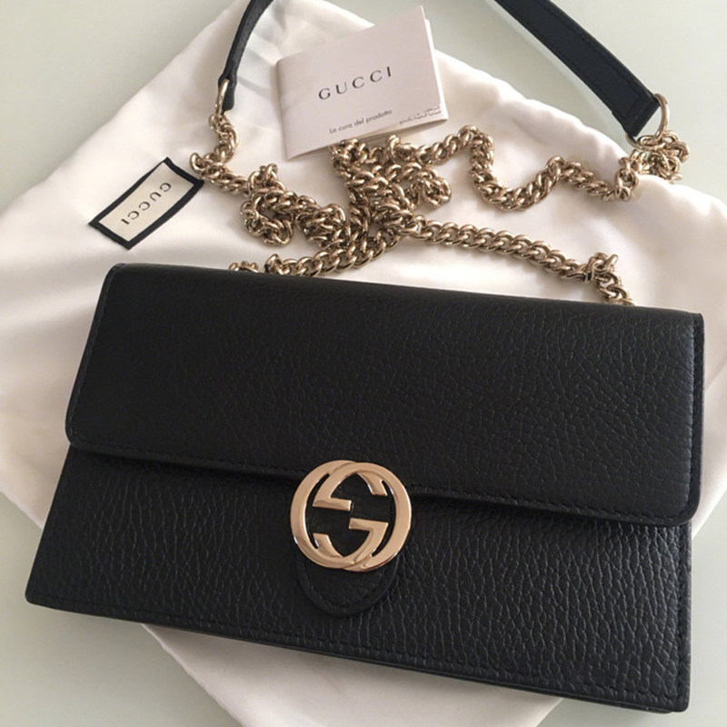 Gucci/古驰女包 双G小方包牛皮荔枝纹链条单肩斜挎包信封包礼盒装