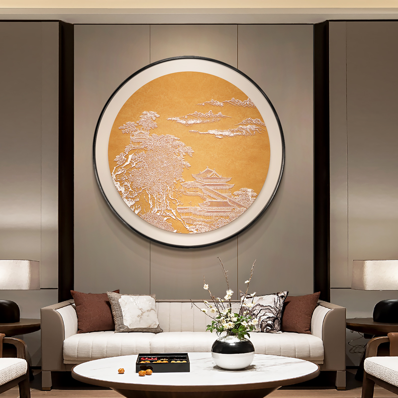 新中式圆形客厅沙发背景墙挂画餐馆餐厅浮雕肌理实物艺术装饰画图片