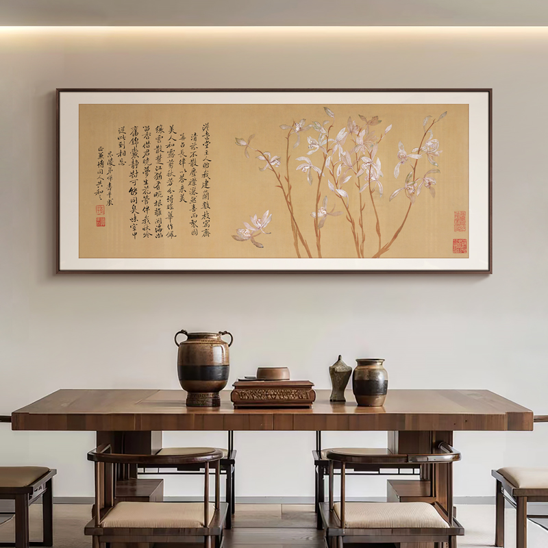 新中式办公室背景装饰画别墅九兰图高档大气挂画茶室禅意大幅壁画图片