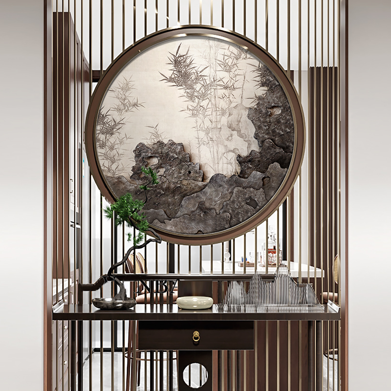 新中式玄关茶室禅意圆形装饰画卧室书房太湖石实物肌理立体挂画图片