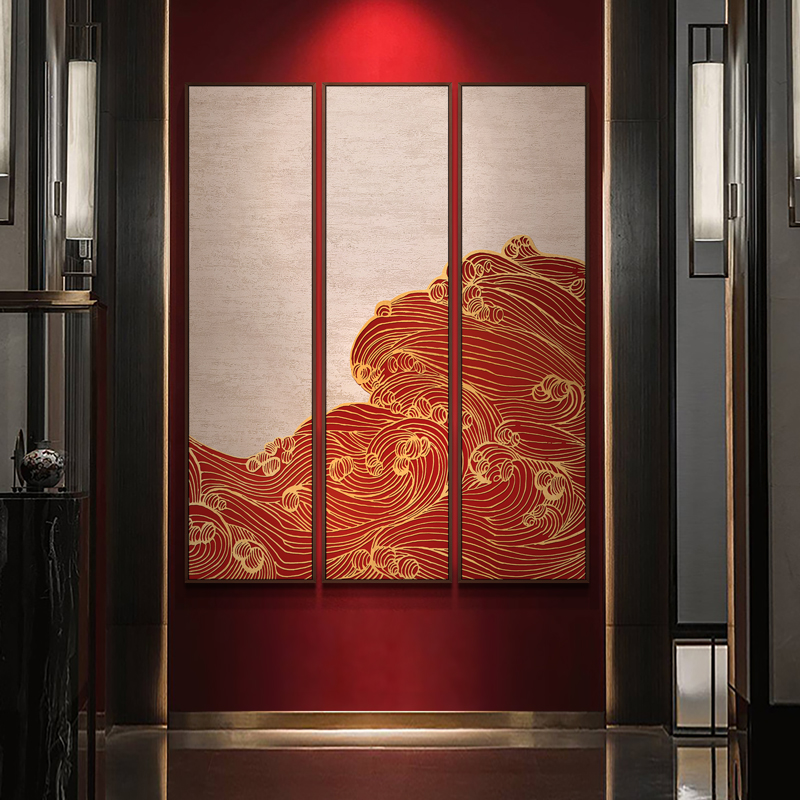 新中式私房菜大厅走廊过道浮雕立体装饰画酒店大堂多联组合挂画图片
