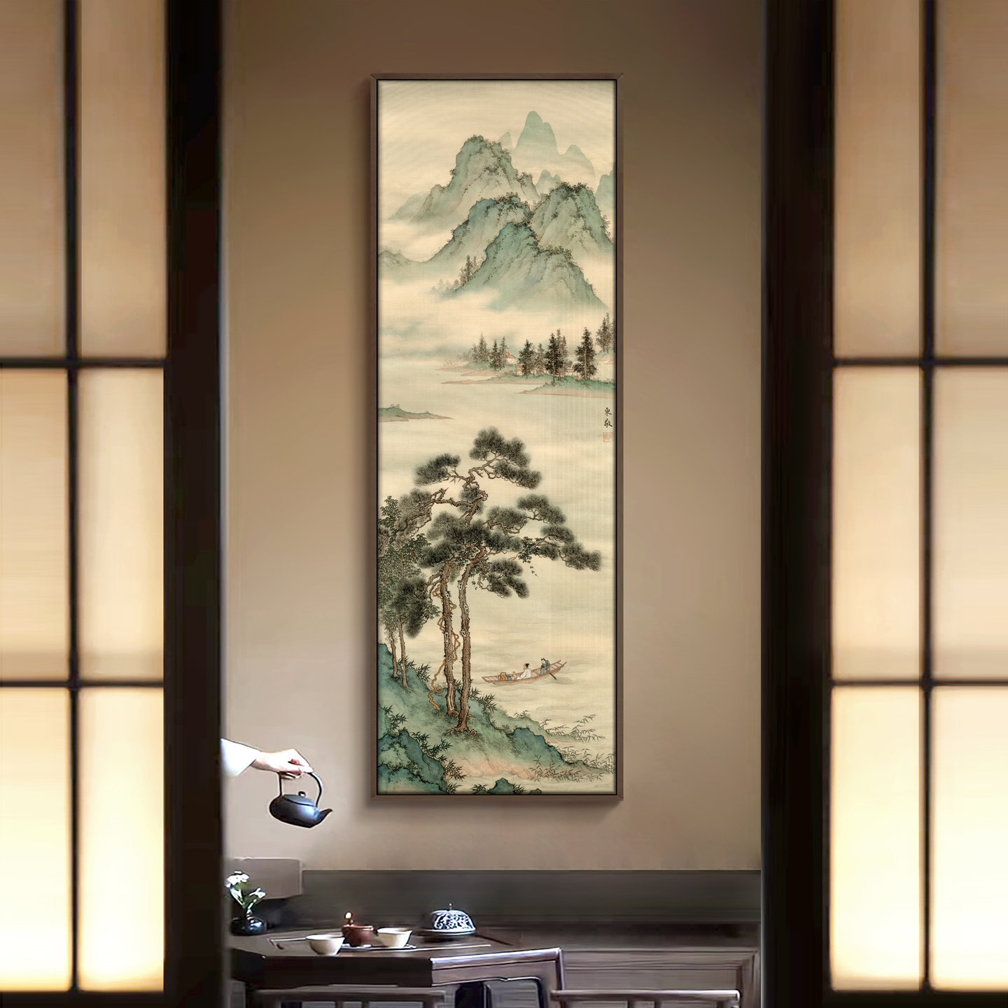 新中式民宿酒店餐厅湖光山色艺术挂画别墅走廊过道背景墙装饰画图片