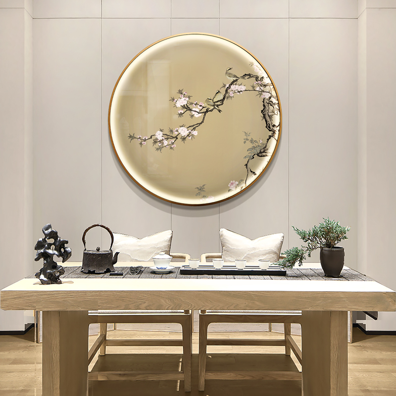 新中式入户玄关圆形LED灯装饰画饭店餐厅走廊过道发光客厅挂壁画图片