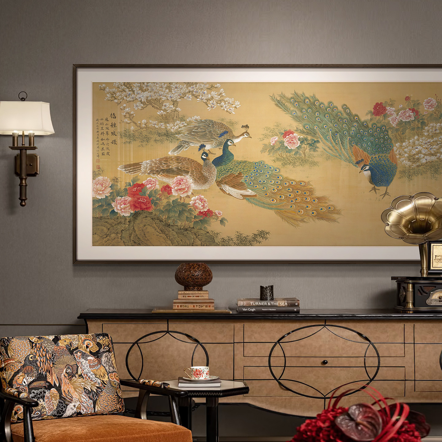 新中式复古孔雀花鸟国画酒店会所包间挂画牡丹花开富贵餐厅装饰画