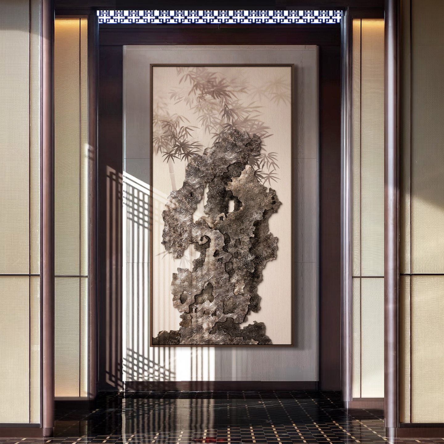 新中式酒店别墅太湖石木雕餐厅背景墙挂画饭店走廊过道高级感挂画图片