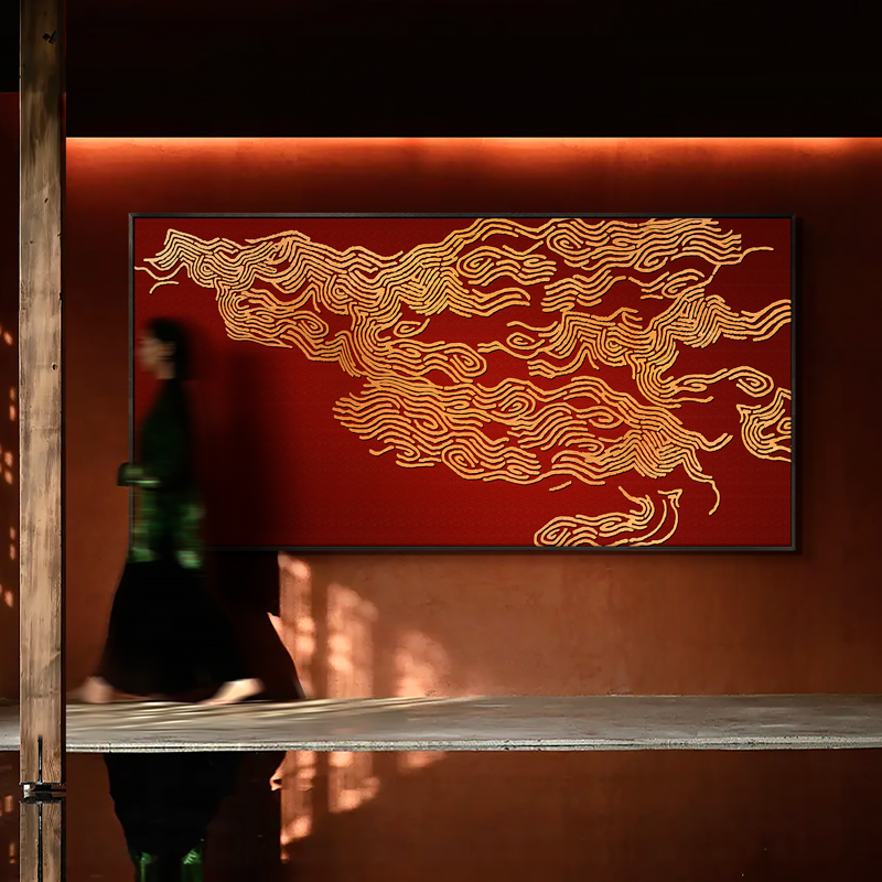 新中式别墅酒店背景墙巨幅浮雕抽象祥云装饰画高档餐厅大尺寸挂画图片
