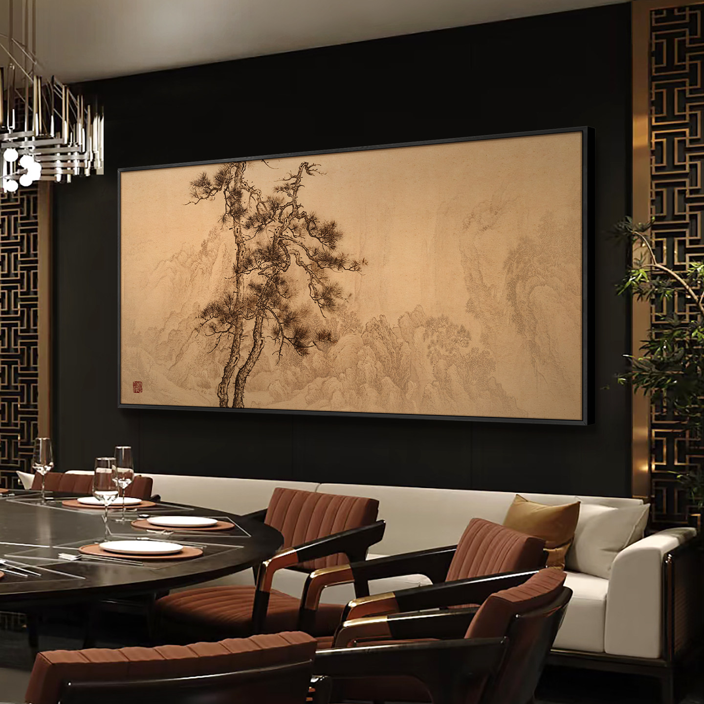 新中式酒店餐厅山水松树装饰画高档大气别墅客厅沙发背景墙挂画
