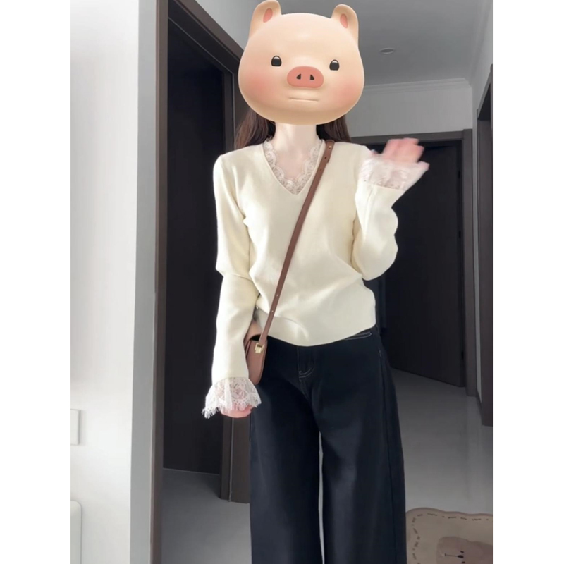 杏色v领蕾丝打底衫女内搭针织衫