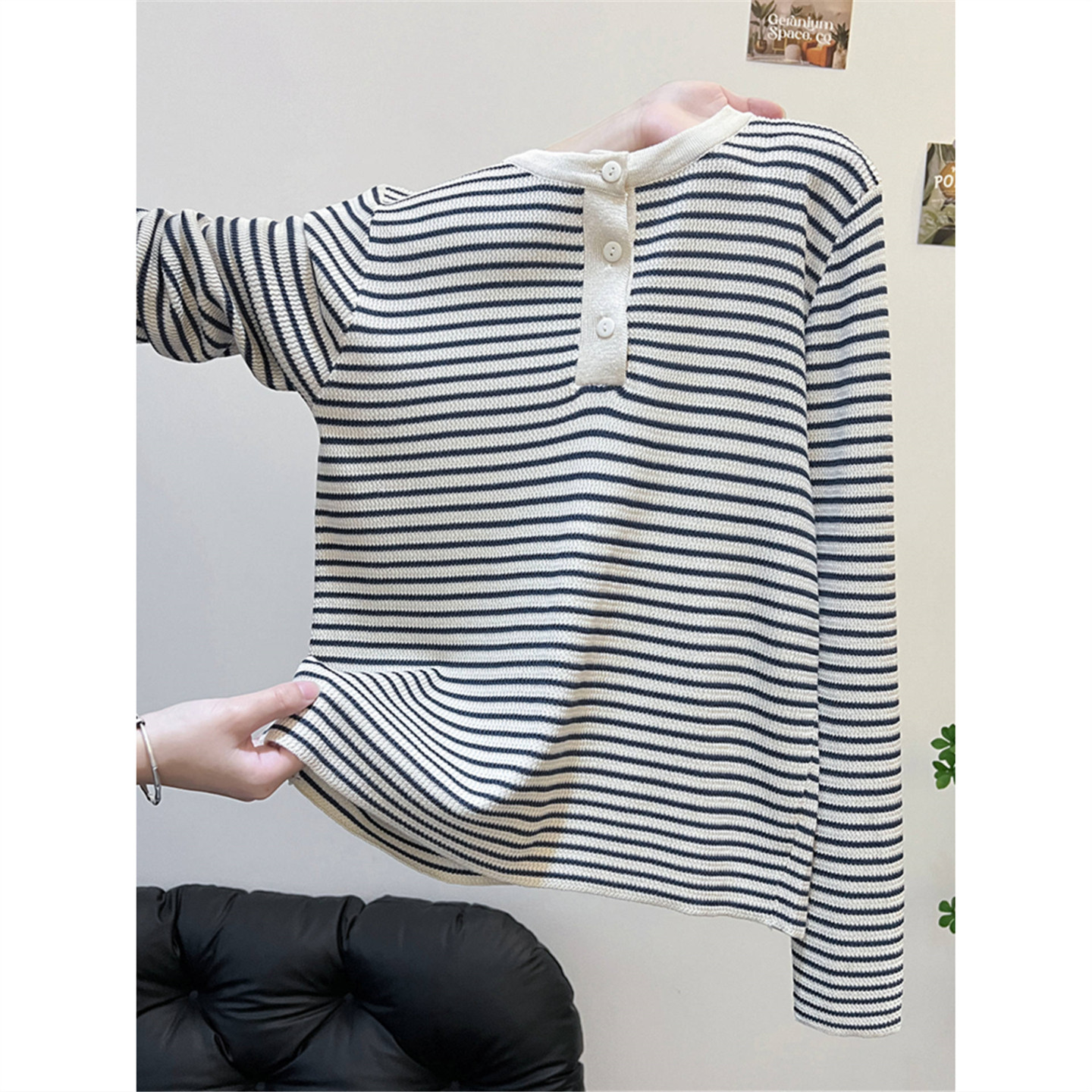 老钱风半开领撞色条纹毛衣女针织