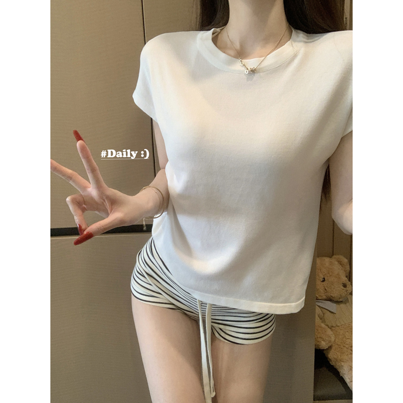 正肩白色针织内搭打底短袖t恤女