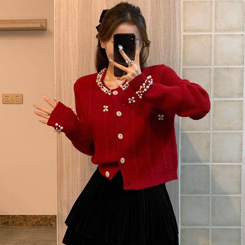 小香风红色重工钉珠毛衣开衫外套女秋季百搭设计感小众针织衫上衣,女装/女士精品,毛针织衫,淘宝优惠券,粉丝福利购,淘宝优惠卷