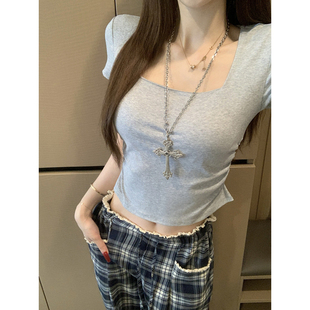 收腰褶皱上衣 法式 纯欲方领正肩短袖 t恤女夏季 绝美漂亮小个子修身