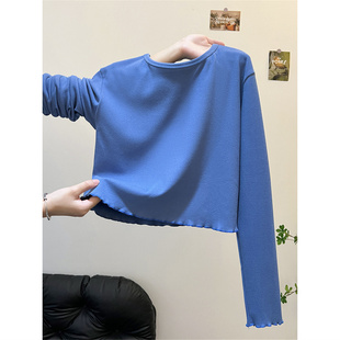 小个子短款木耳边内搭打底衫女秋冬百搭宽松德绒保暖长袖T恤上衣