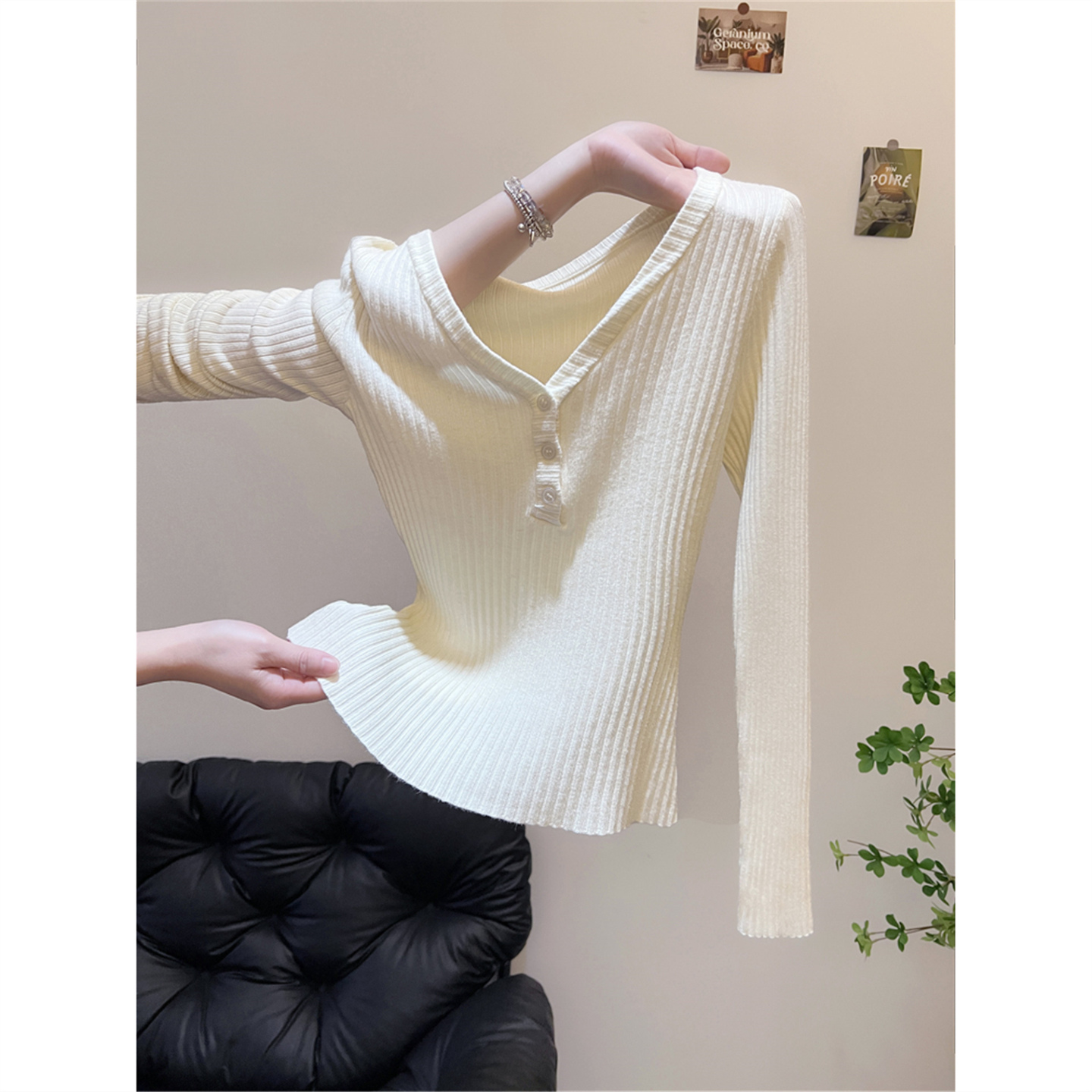 法式气质v领纯欲风针织打底衫女