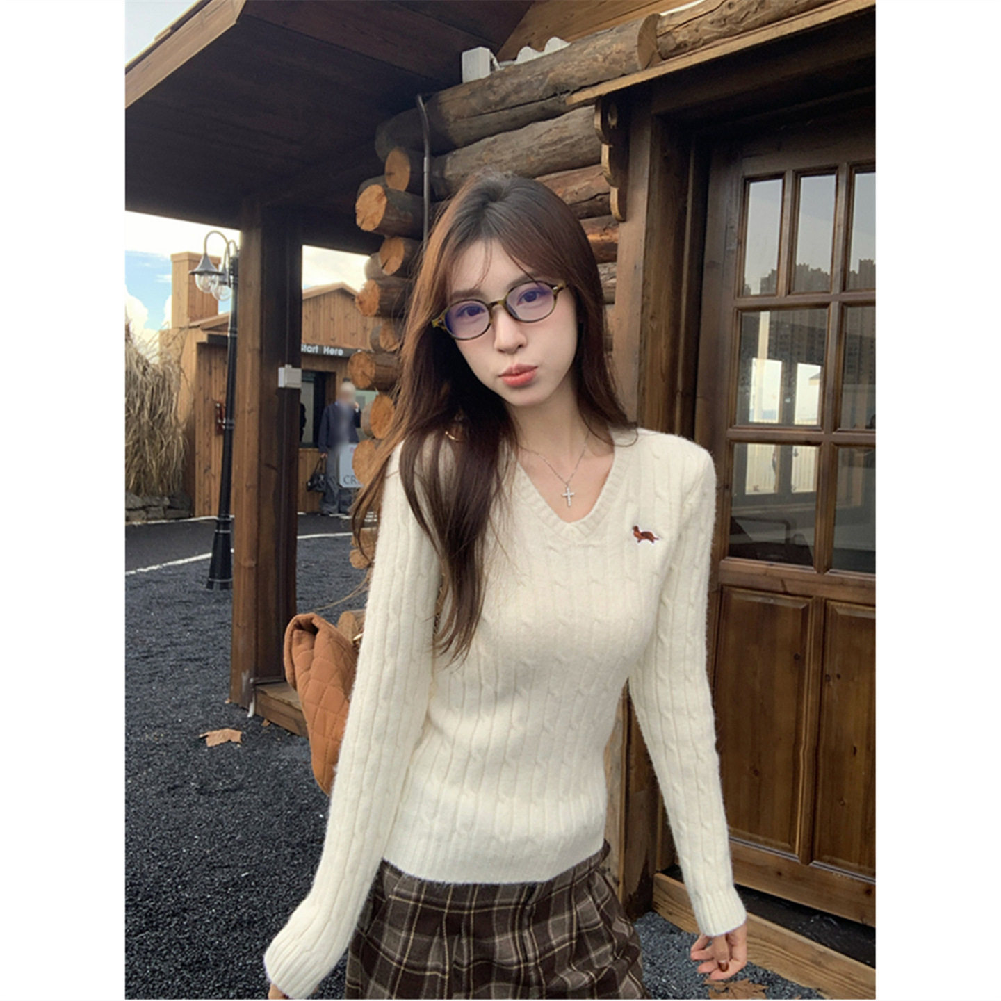 韩系复古麻花v领针织衫毛衣女秋冬内搭修身短款小个子打底衫上衣