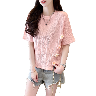 宽松粉色正肩花朵开叉t恤女短袖
