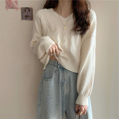 宽松慵懒风v领毛衣女外穿针织衫