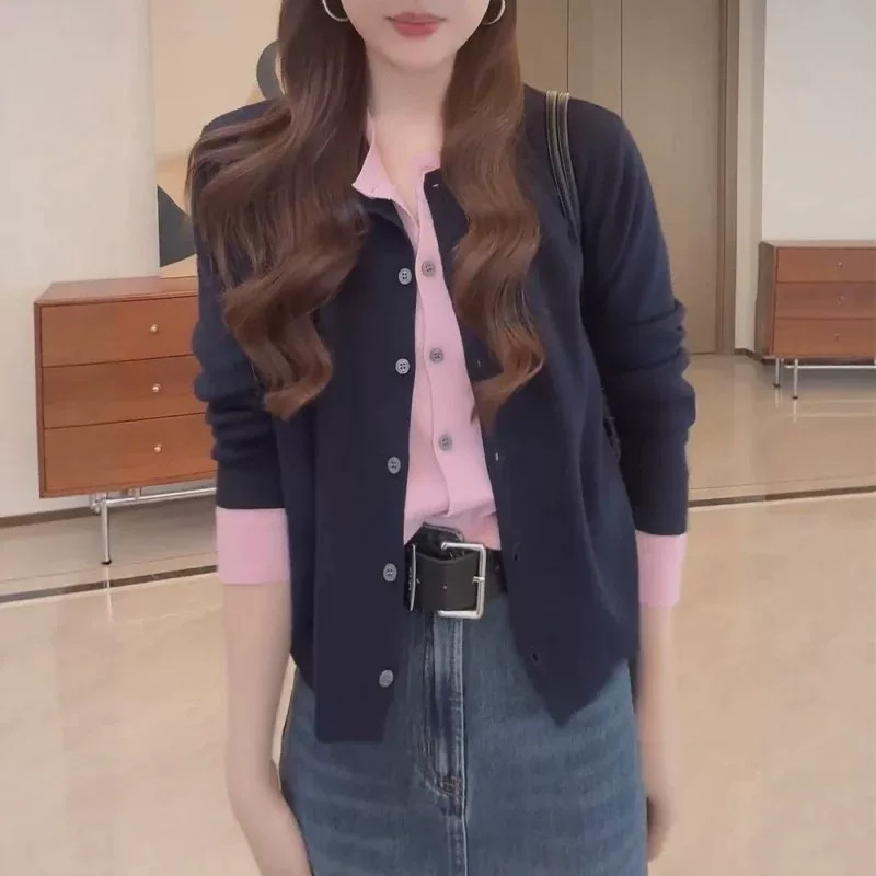 巨好看的假两件撞色针织开衫女春秋2026新款修身内搭毛衣外套上衣