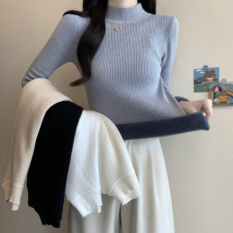 加厚一体绒灰色毛衣女针织衫上衣